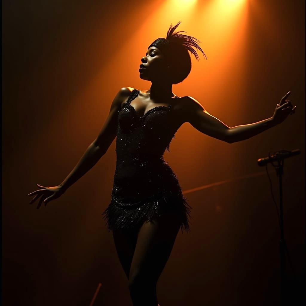 Glamorous Noir Showgirl Dancing in Orange Spotlight