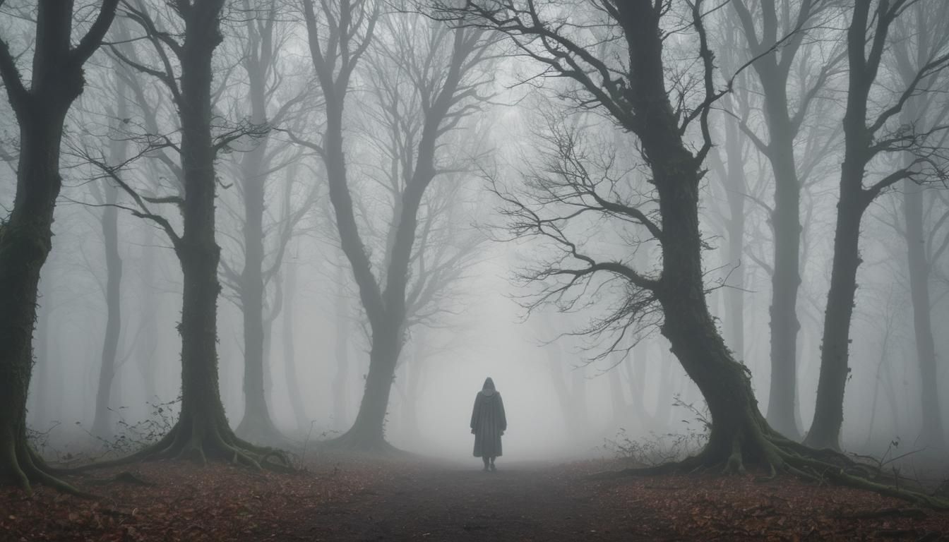 A lone figure shrouded in mist