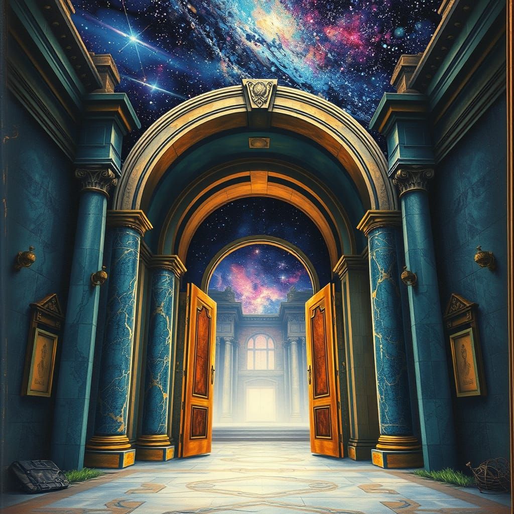 Abandoned Hotel Archway with Cosmic Sky