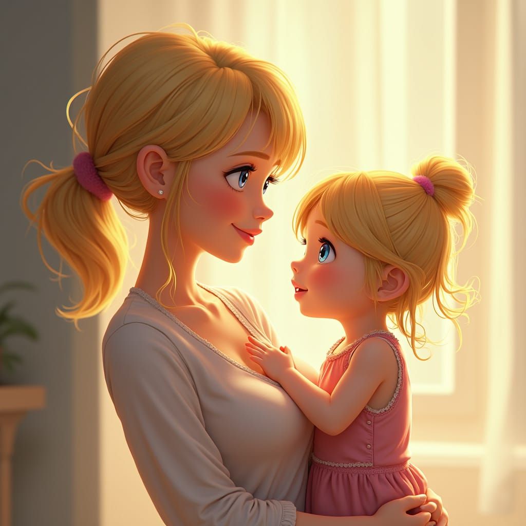 Mother and Daughter in a Tender Anime-Inspired Moment