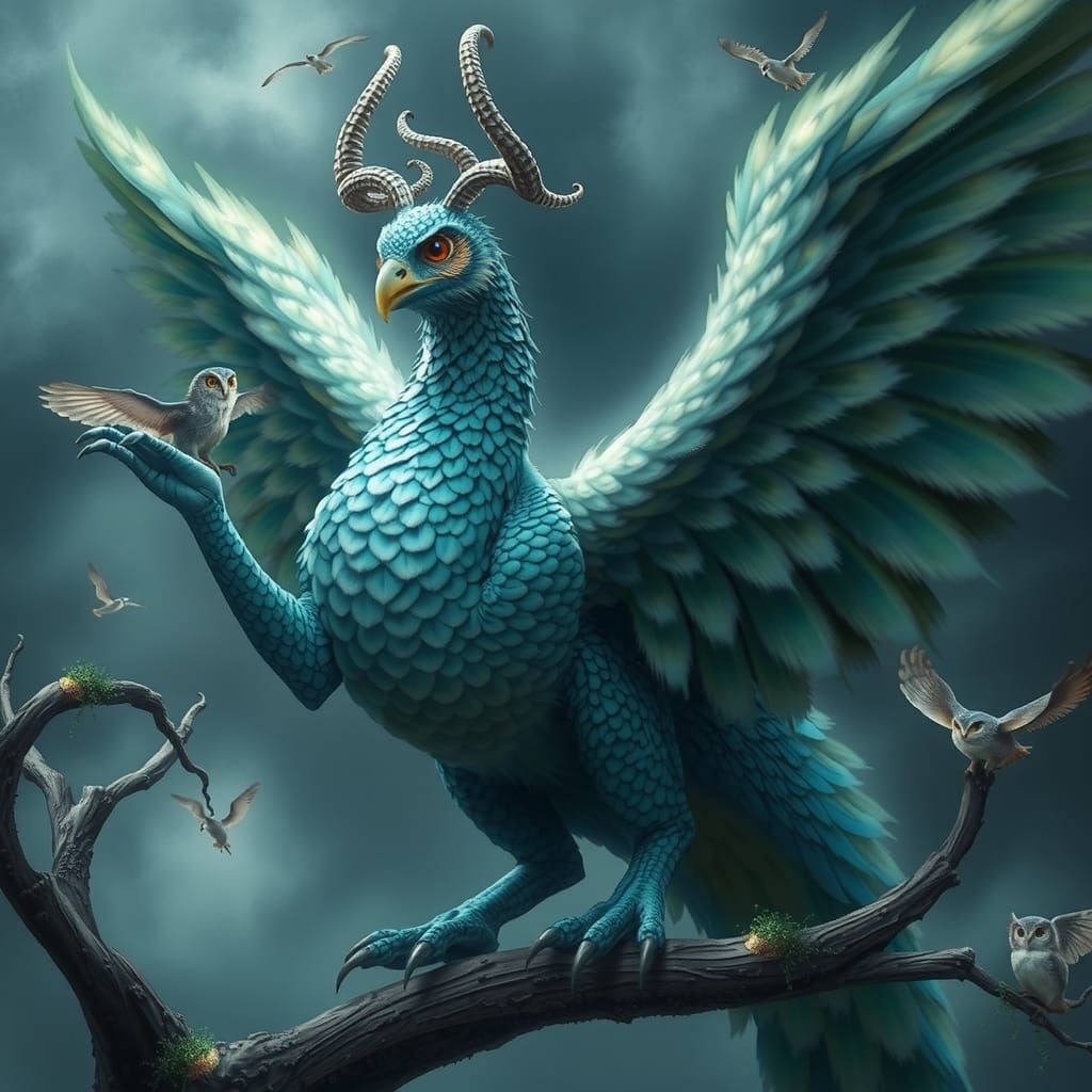 Ethereal Fantasy Peacock-Dragon-Owl Hybrid Creature