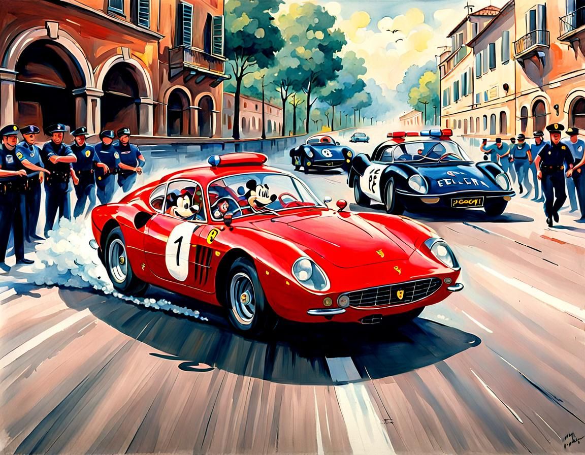 Micky Mouse Drives Ferrari Monza: A Humorous Painting