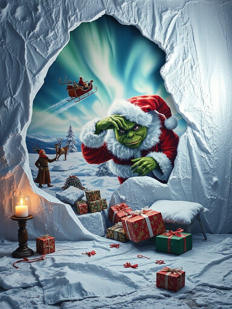 Frozen Christmas Mural: Santa, Elves, and Grinch in Icy Fant...