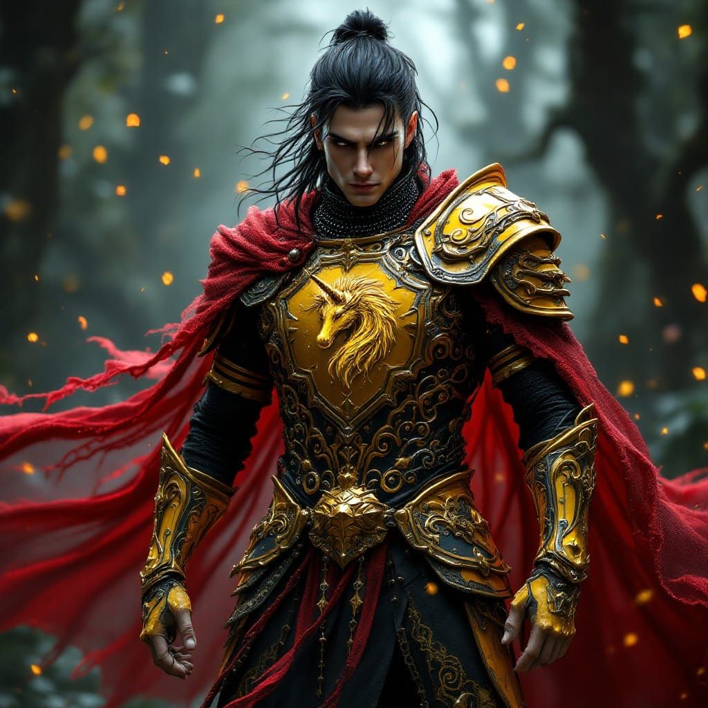 Goth Warrior in Yellow Metal Armor, Standing in a Mysterious...