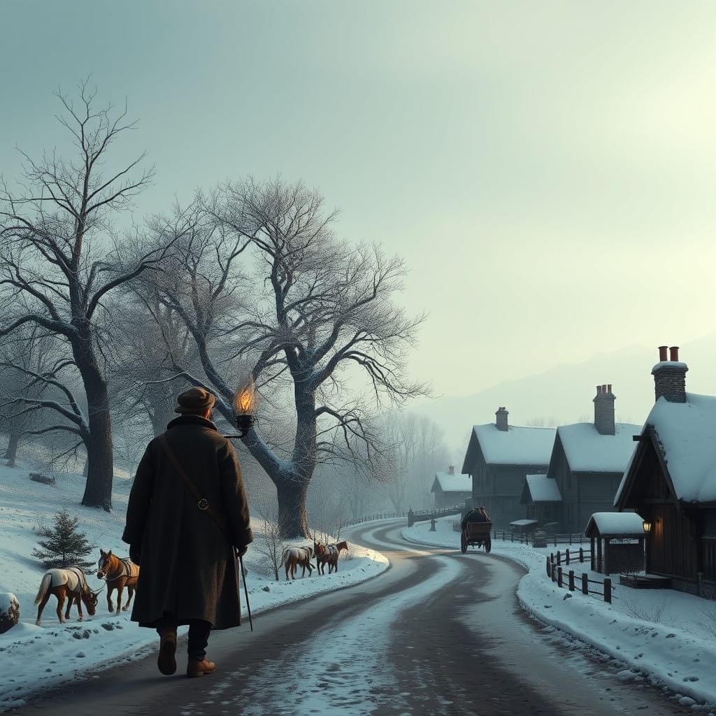 Medieval Village Winter Scene in the Snow