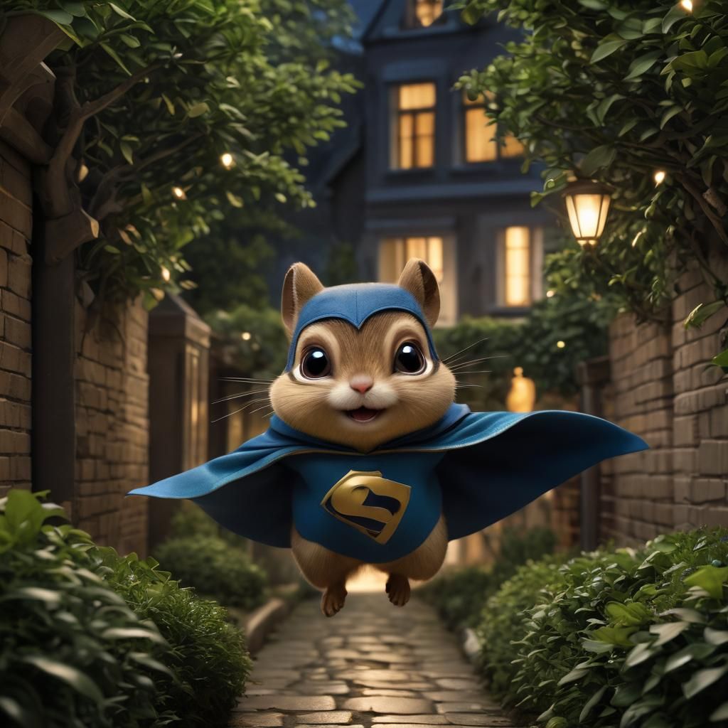 Flying Chipmunk Superhero Protects Nighttime Gardens