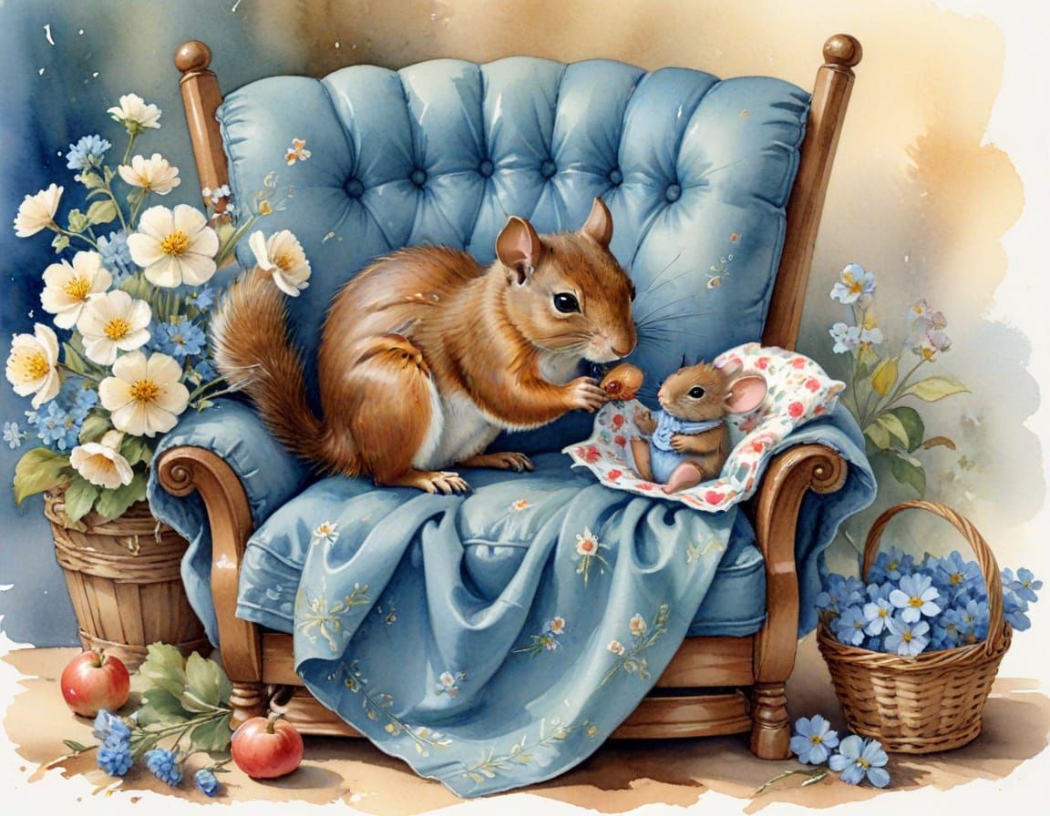 Mother Mouse Snuggles Baby Mouse in Whimsical Watercolor Sce...