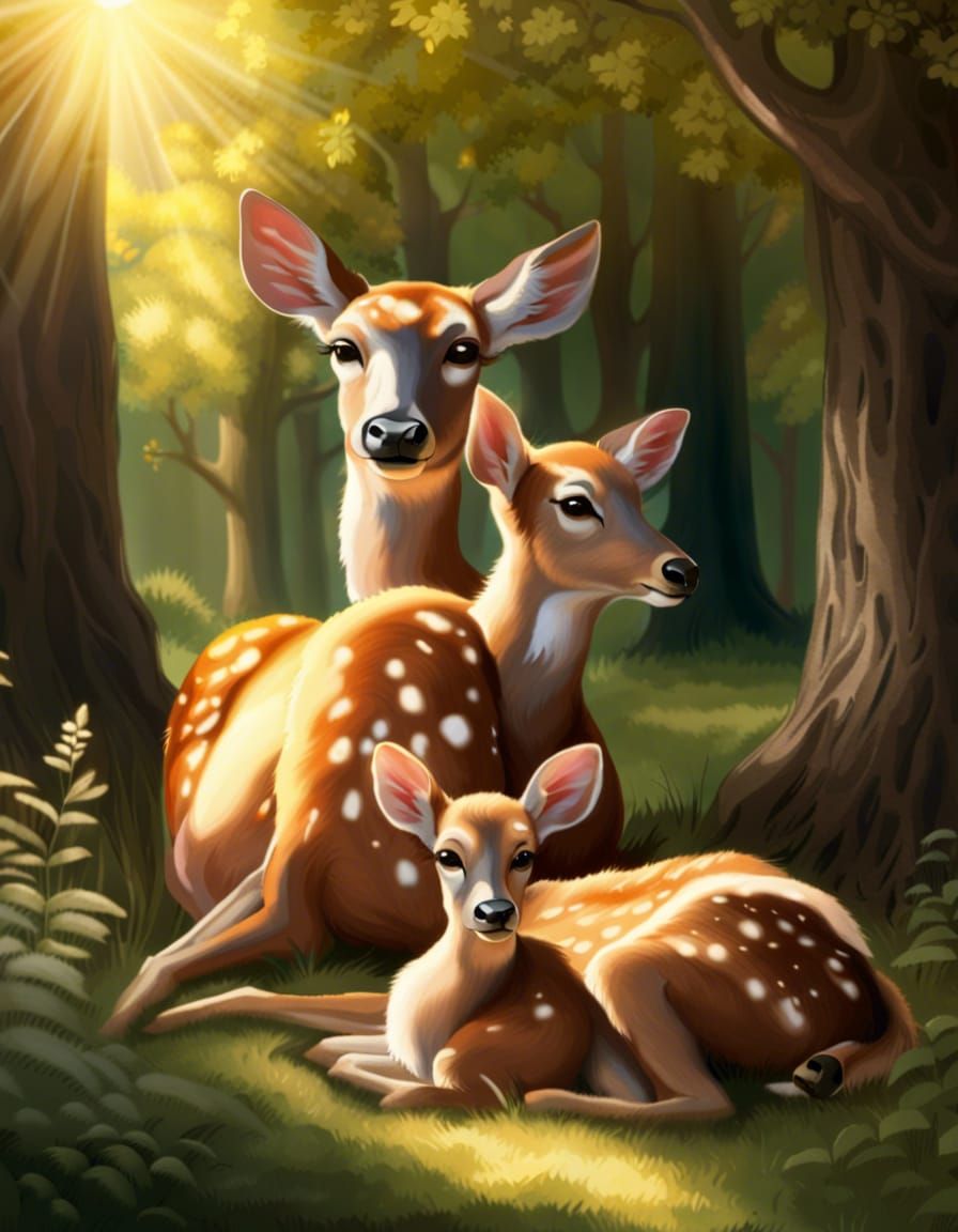 A doe and two fauns snuggle in a sunlit glade