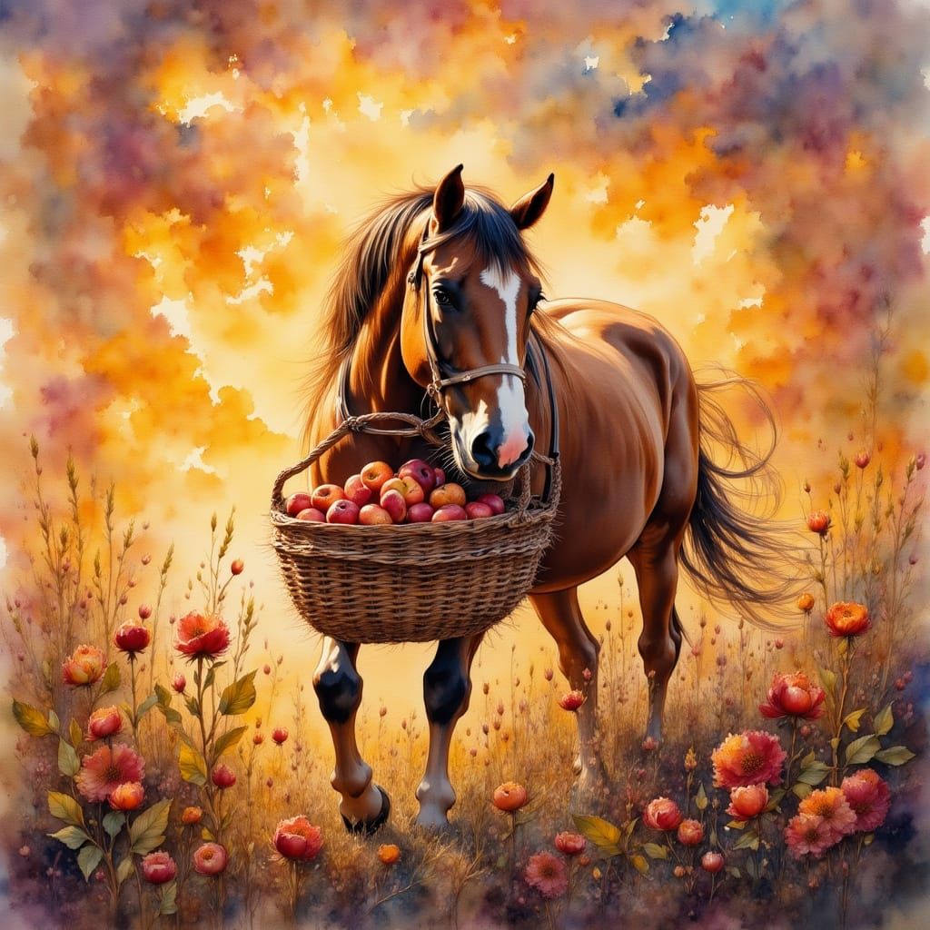 Draft Horse at Sunset: Impressionistic Watercolor Painting