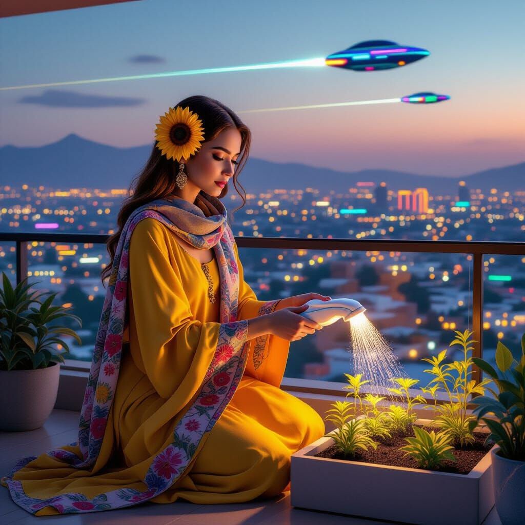Retro-Futuristic Gardener Tends Lush Balcony Garden