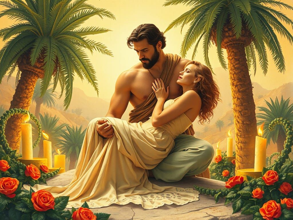 Regal Samson and Delilah in a Candlelit Moment of Intimacy