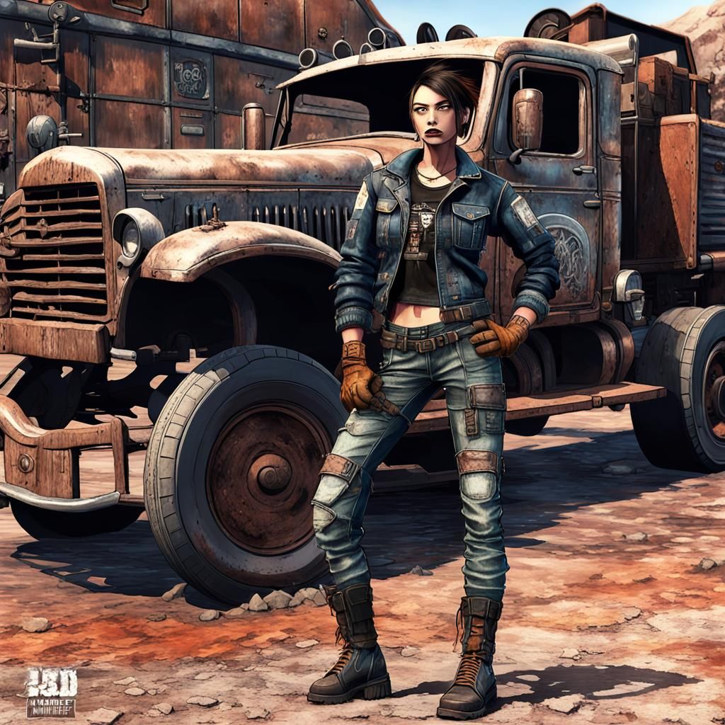 Dieselpunk Woman and Truck: Detailed Digital Art