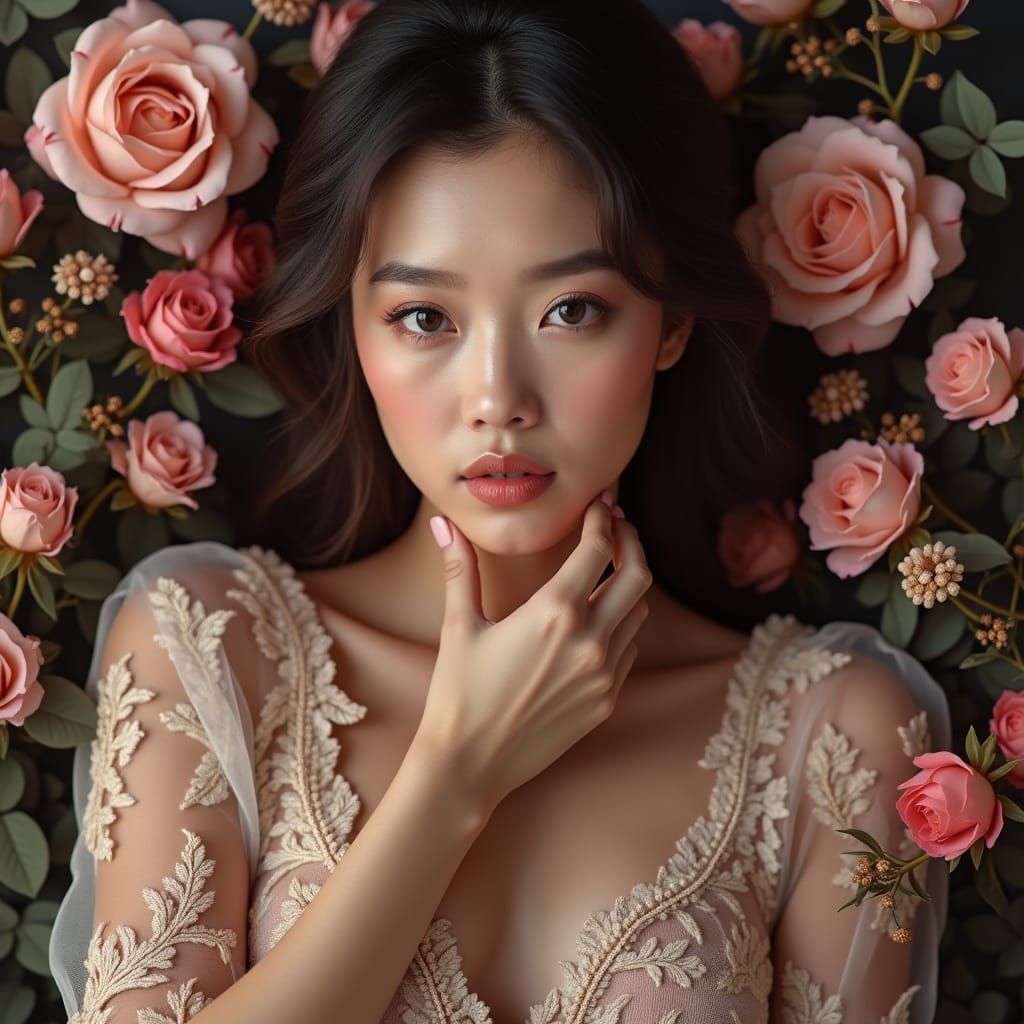 Glamorous Cosmetics Logo with Beautiful Woman in Hyperrealis...