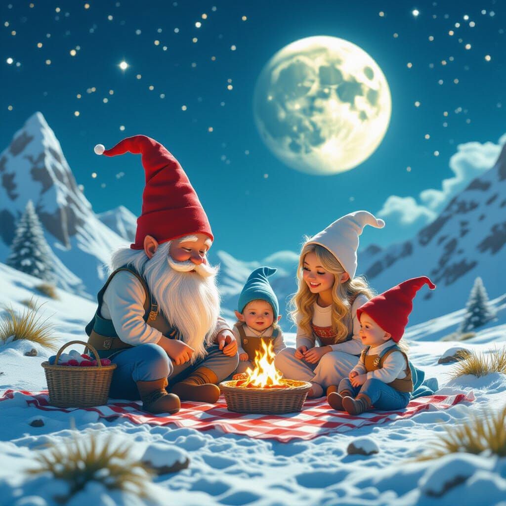 Gnome Family Picnic on the Moon, Fantasy Concept Art