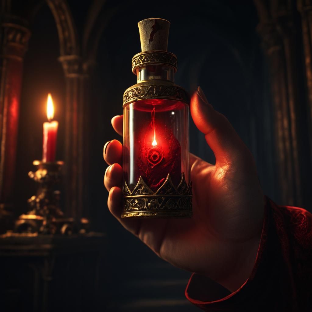 Mystical Chamber: Hand Holds Crimson Vial