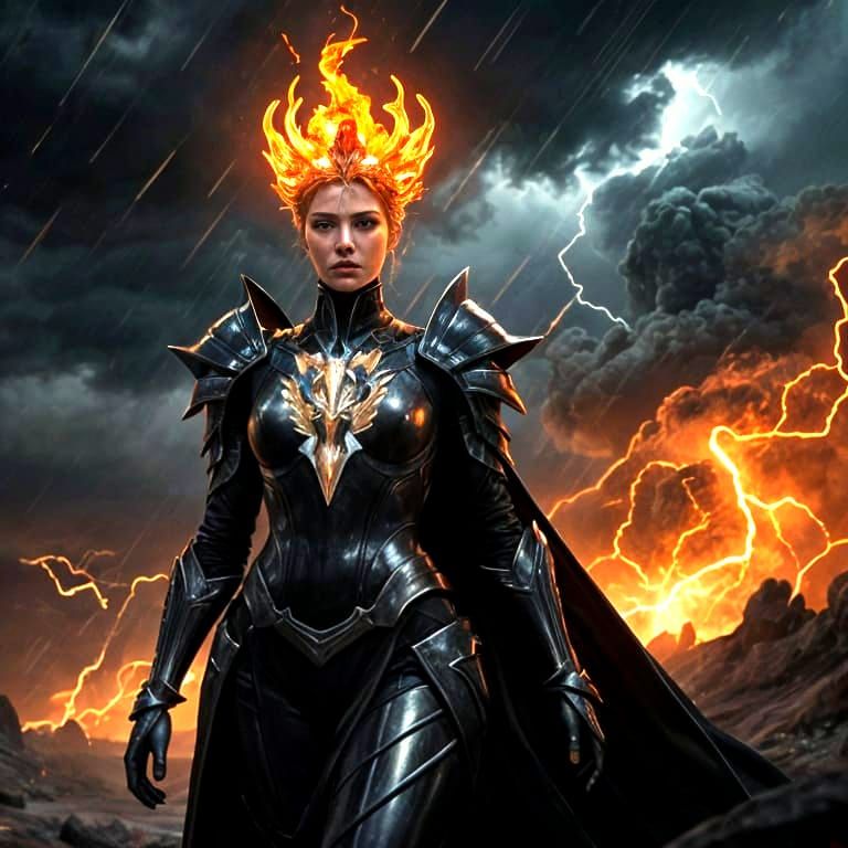Modern Queen with Fiery Crown and Skeletal Emblem