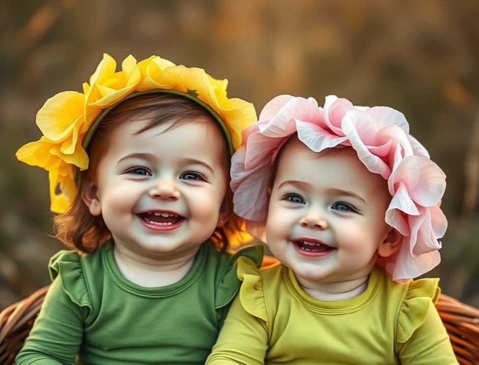 Whimsical Flower Girls Laughing in a Wicker Basket