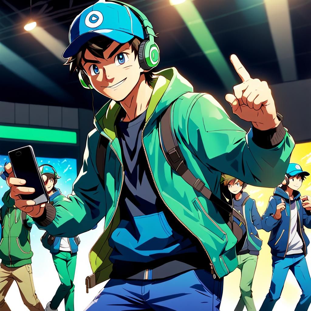 Anime-Style Pokémon Trainer Dancing with Headphones