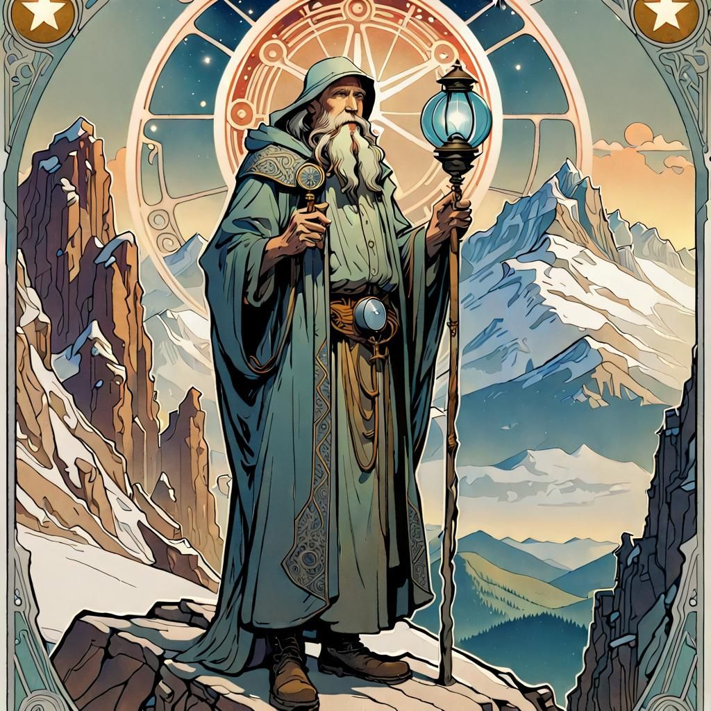 Futuristic Hermit Tarot in Art Nouveau Style