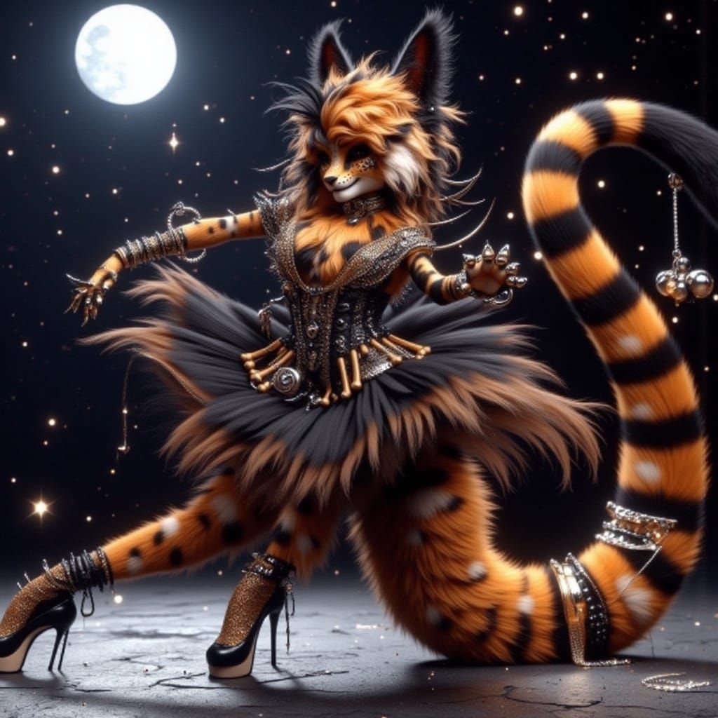 Hyperrealistic Cat Dancer Under Starry Night Sky