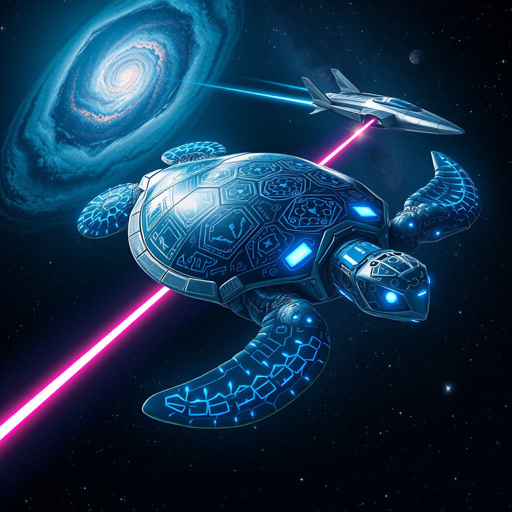 Biomechanical Turtle Drifting Through Starry Expanse