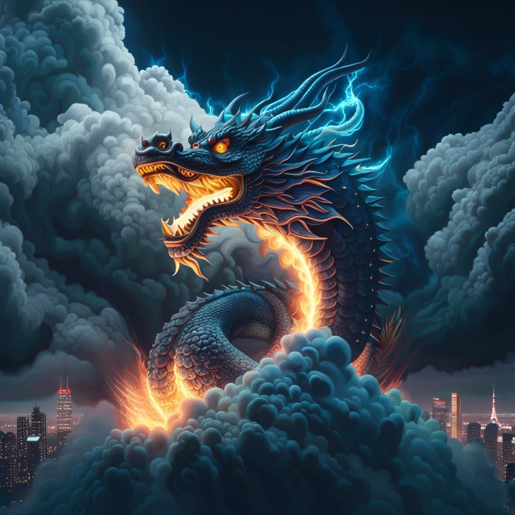 Japanese Dragon God Over Tokyo: Cell Shading Art