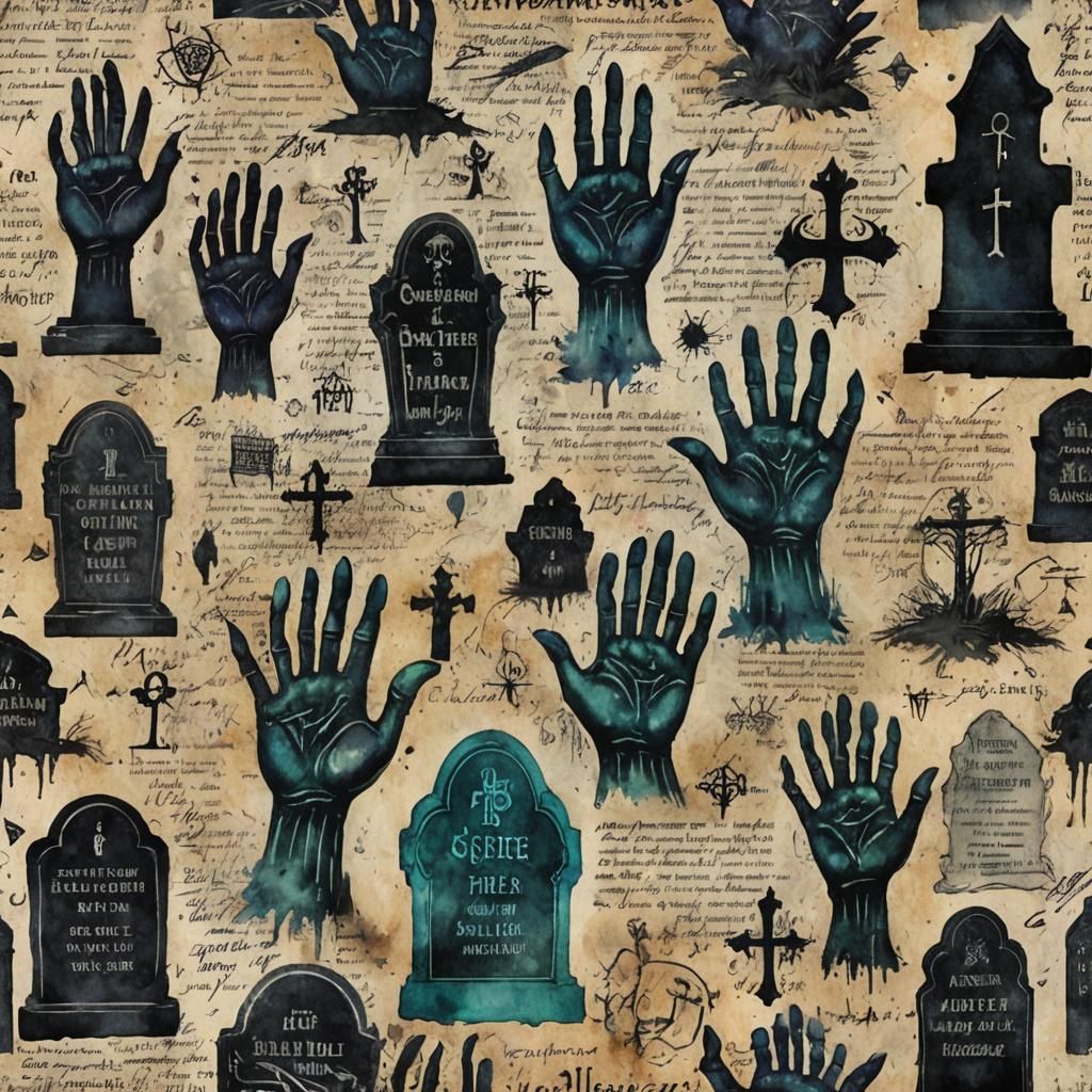 Iridescent Zombie Hands in Cemetery Watercolor