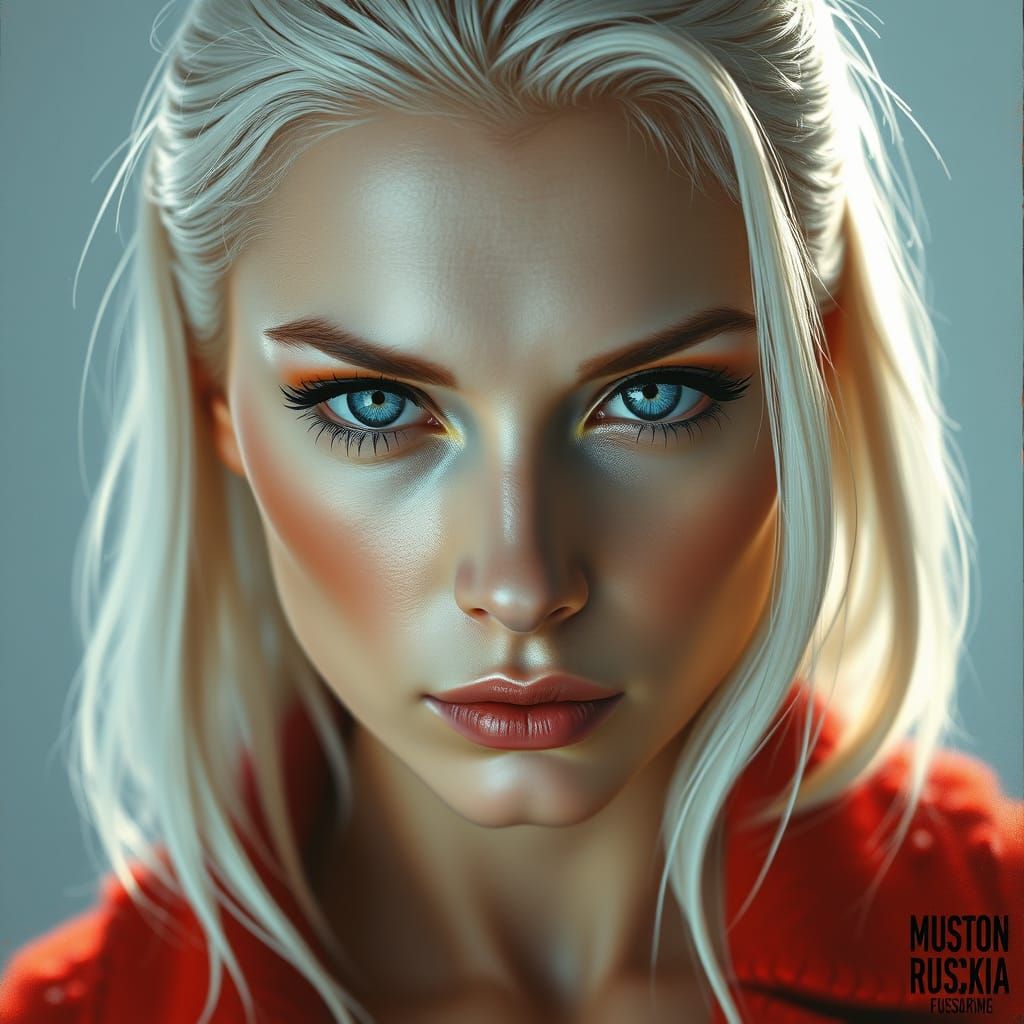 Confident Blonde Woman with Icy Blue Eyes