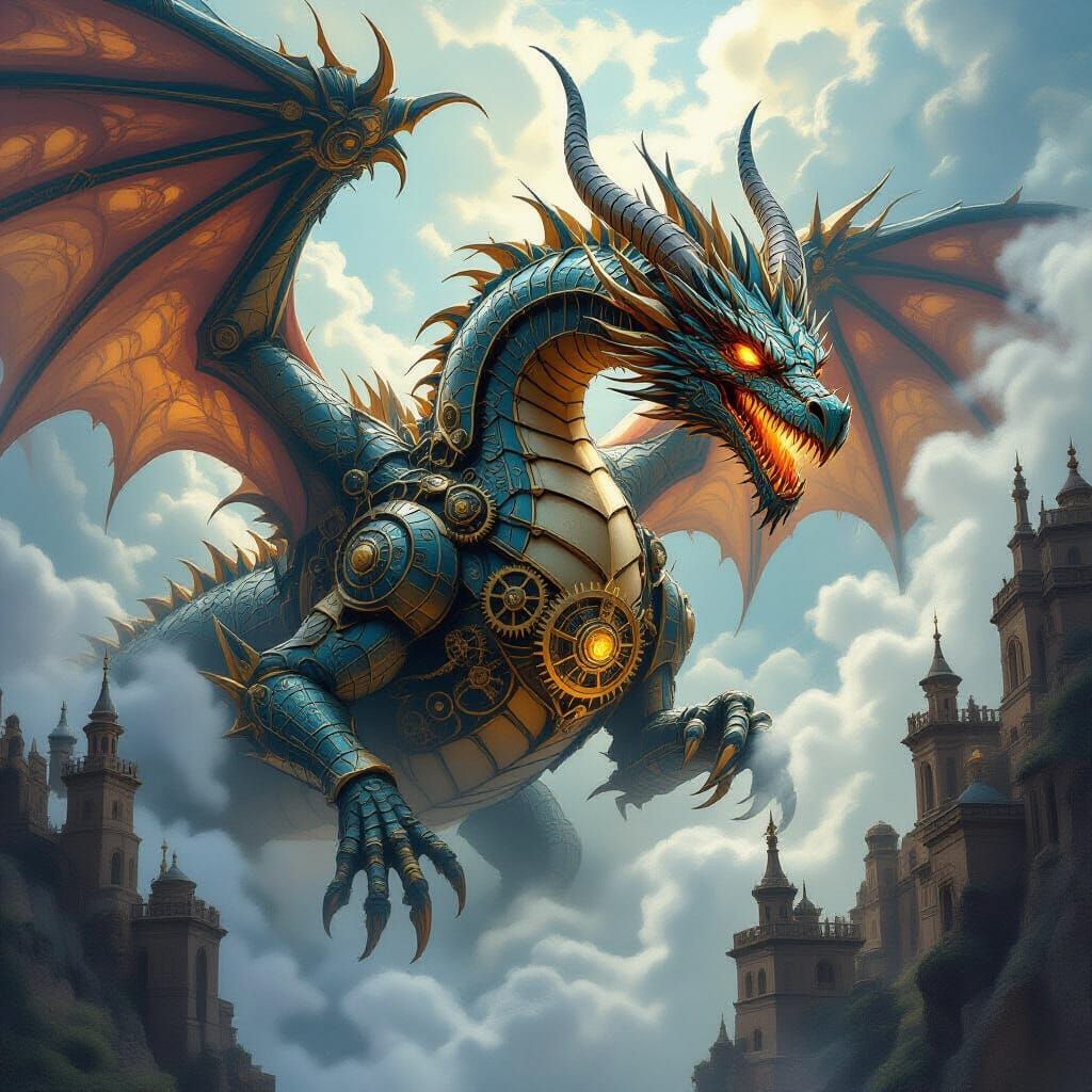 Clockwork Dragon Emerges From Ethereal Dreamscape