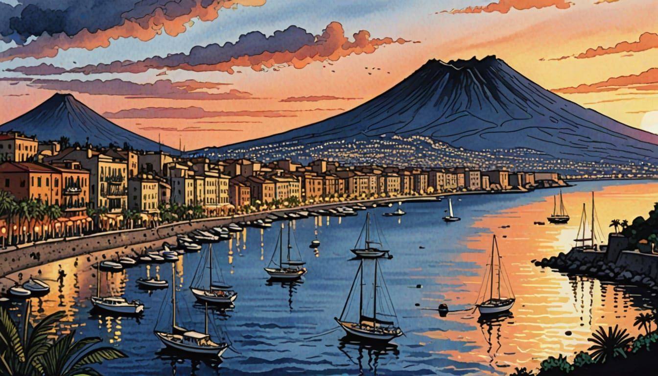 Sunset Waterfront of Naples, Italy in Vibrant Comic Style