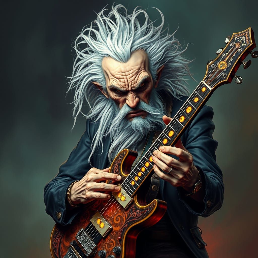 Gothic Rock Legend with Fearsome Scowl and Ornate Guitar