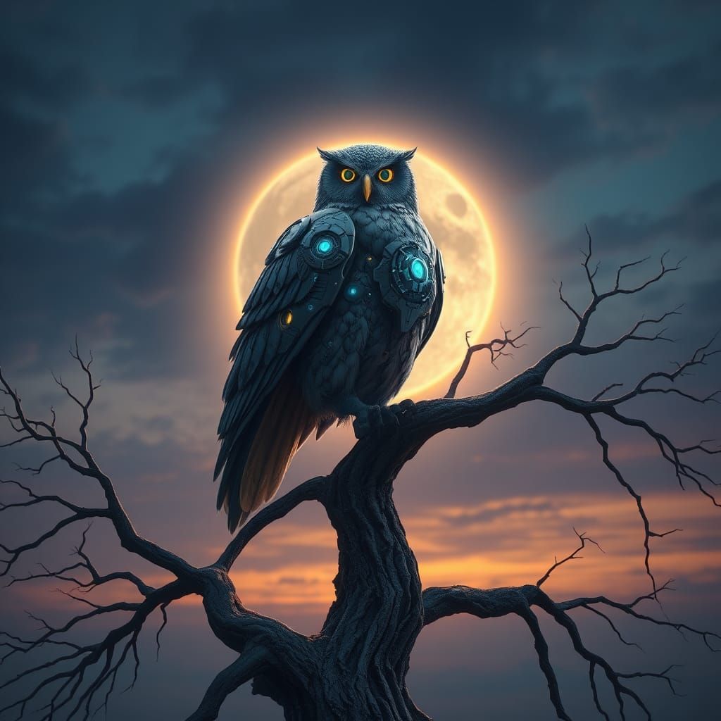 Robotic Owl Perched on Ancient Tree in Matte Painting Style