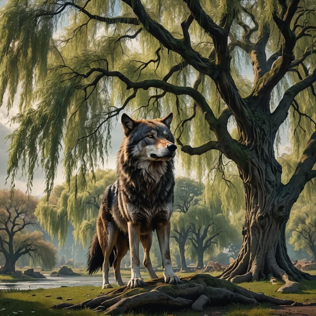 Epic Wolf Under Willow Tree: Digital Matte Painting