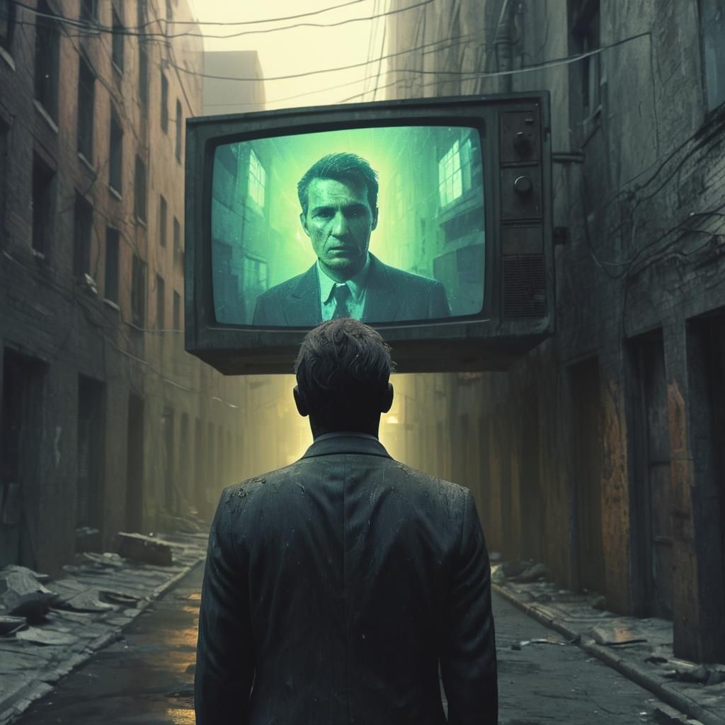 Dystopian Sci-Fi: Man Watches Big Brother in Alley