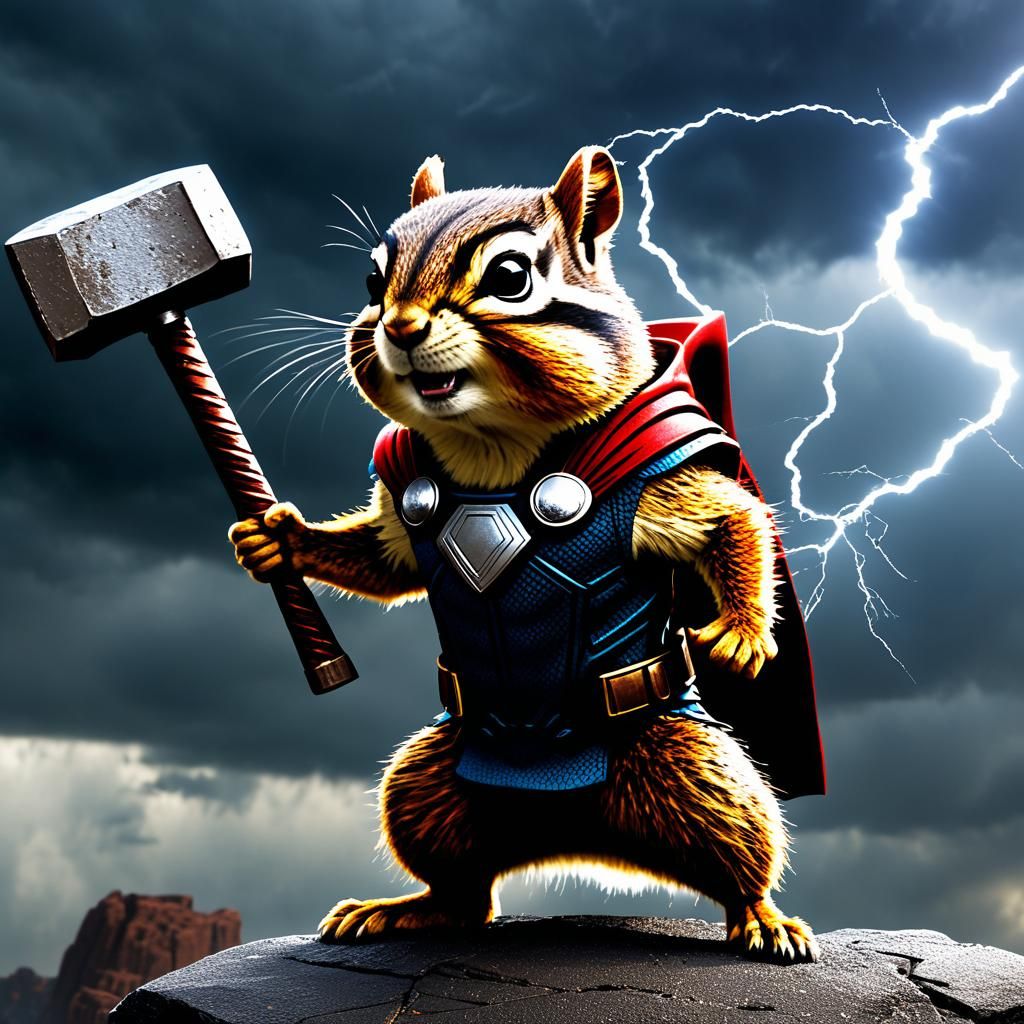 Epic Chipmunk as Thor in Stormy Sky