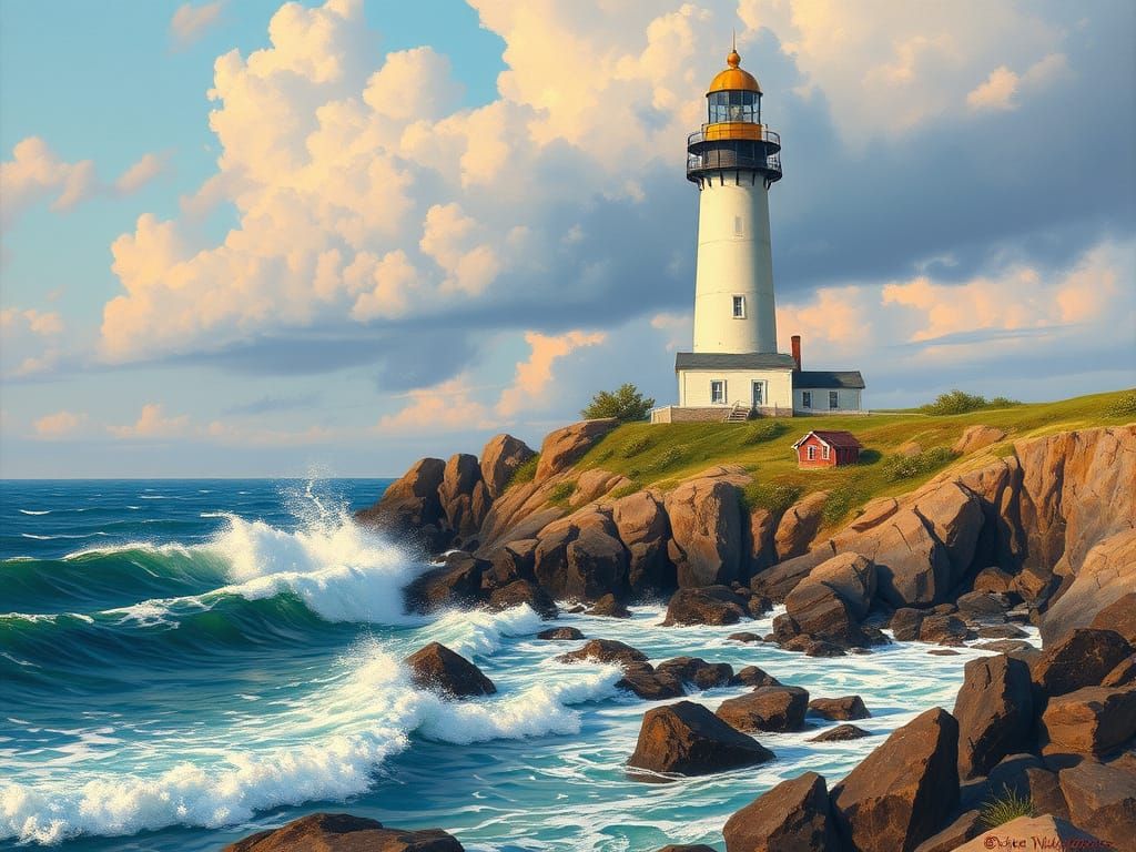 Lighthouse on Rocky Coastline in Landscape Art Style