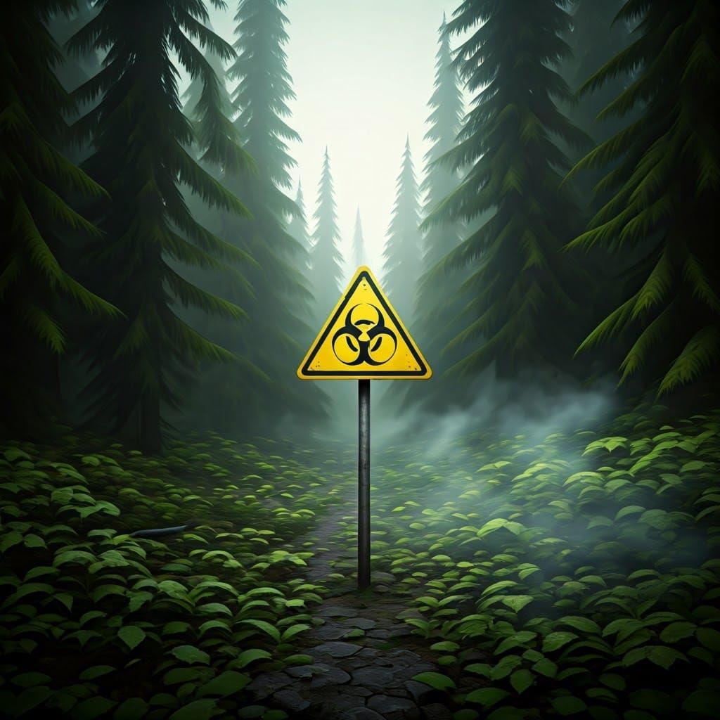 Ominous Hazmat Sign in Misty Post-Apocalyptic Forest