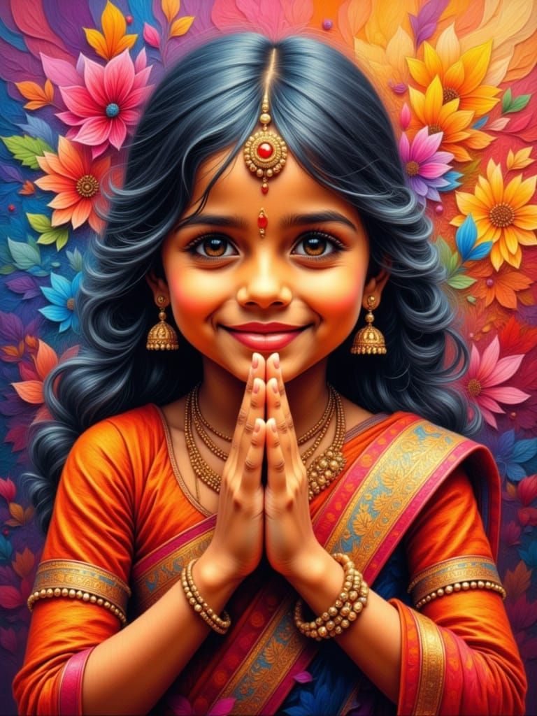 Indian Girl's Hands in Namaste Gesture, Impasto Oil Painting