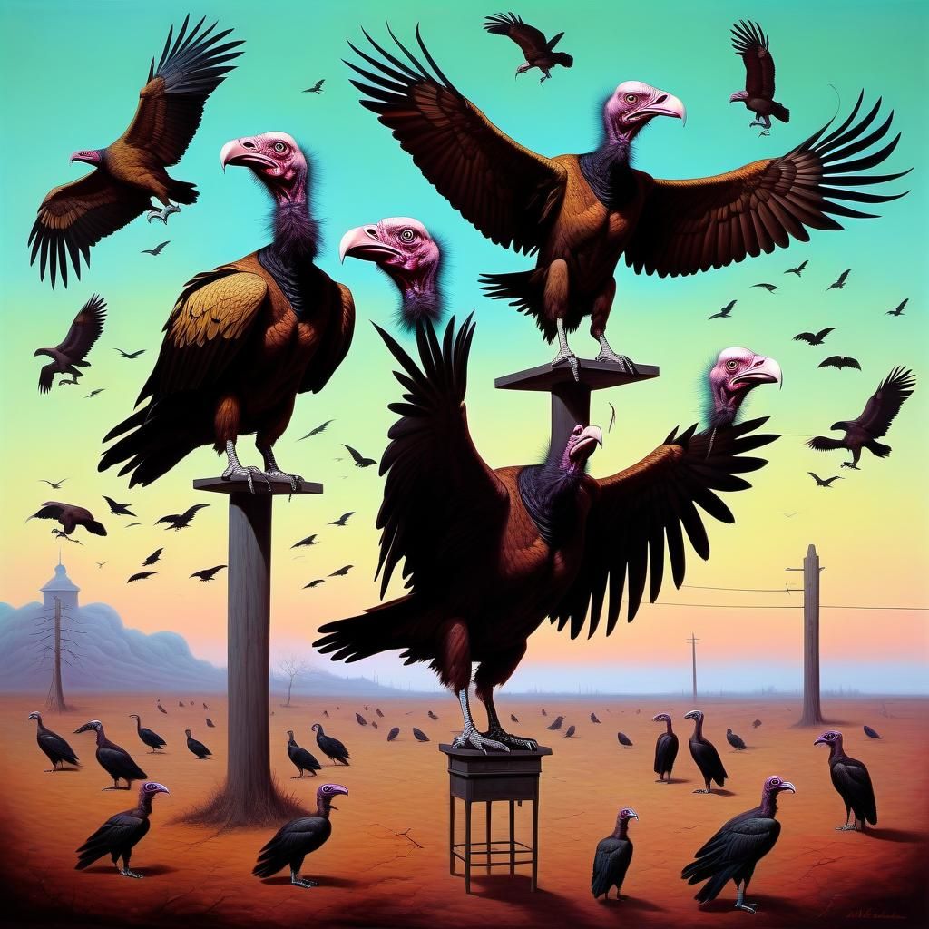 Surreal Vultures in Liminal Space: Eerie Hitchcock Style