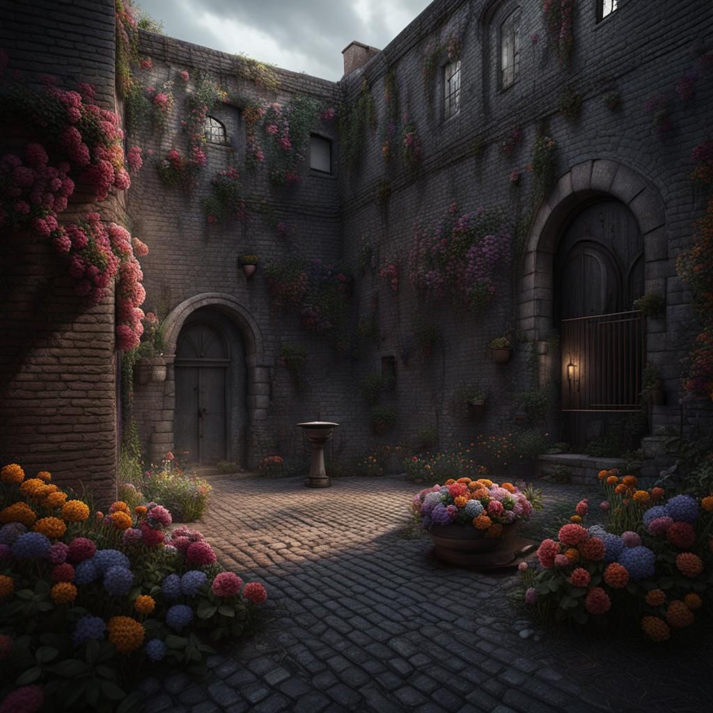 Melancholy Courtyard with Woman and Flowers