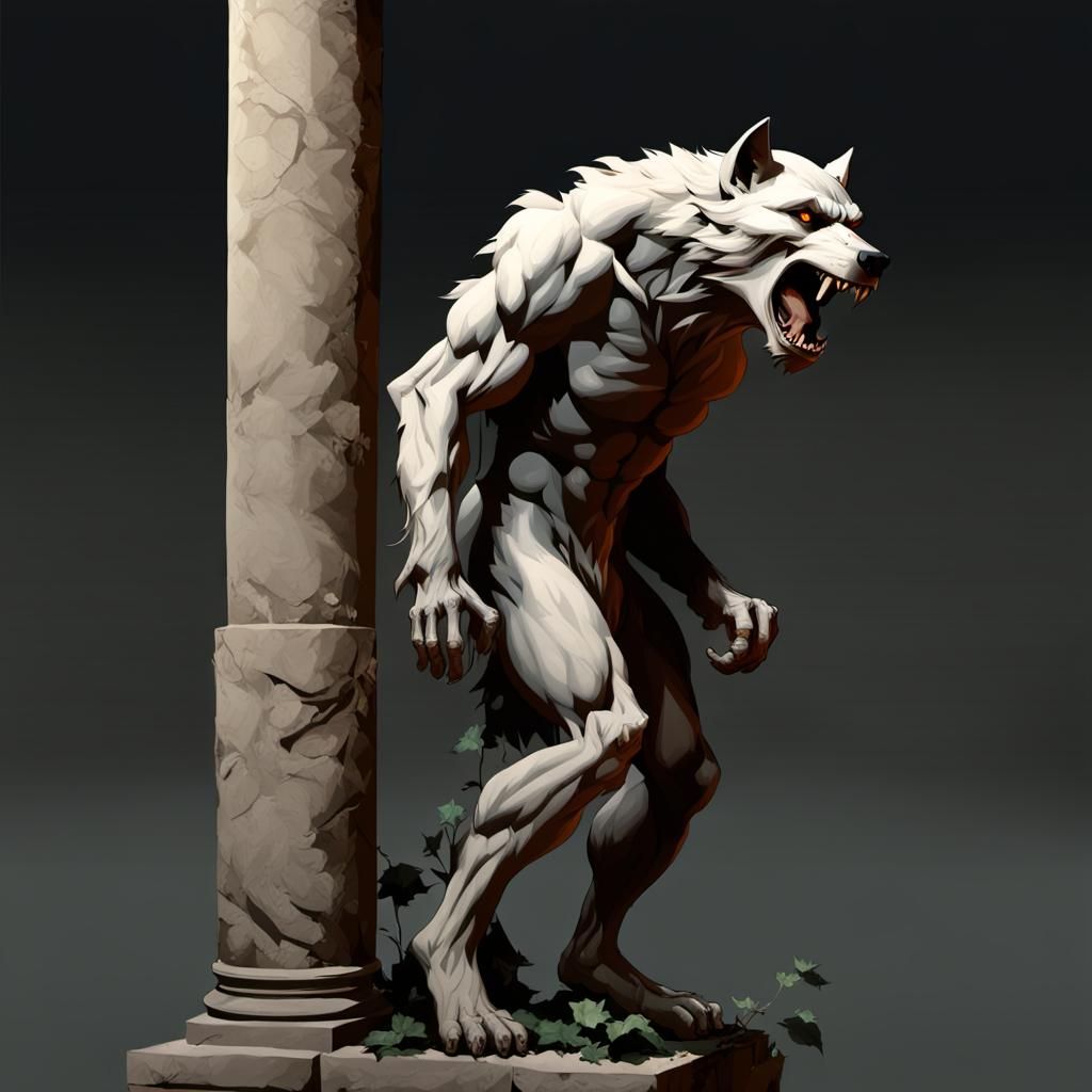 White Werewolf Howling Between Roman Columns