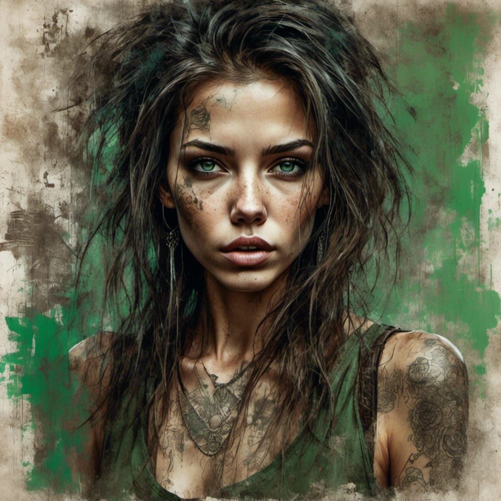 Brunette with Green Eyes in Grunge Poster Style