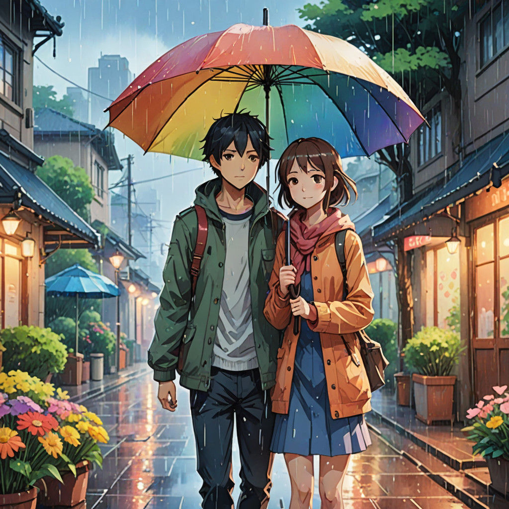 Whimsical Watercolor Anime Couple Under Rainy Umbrella