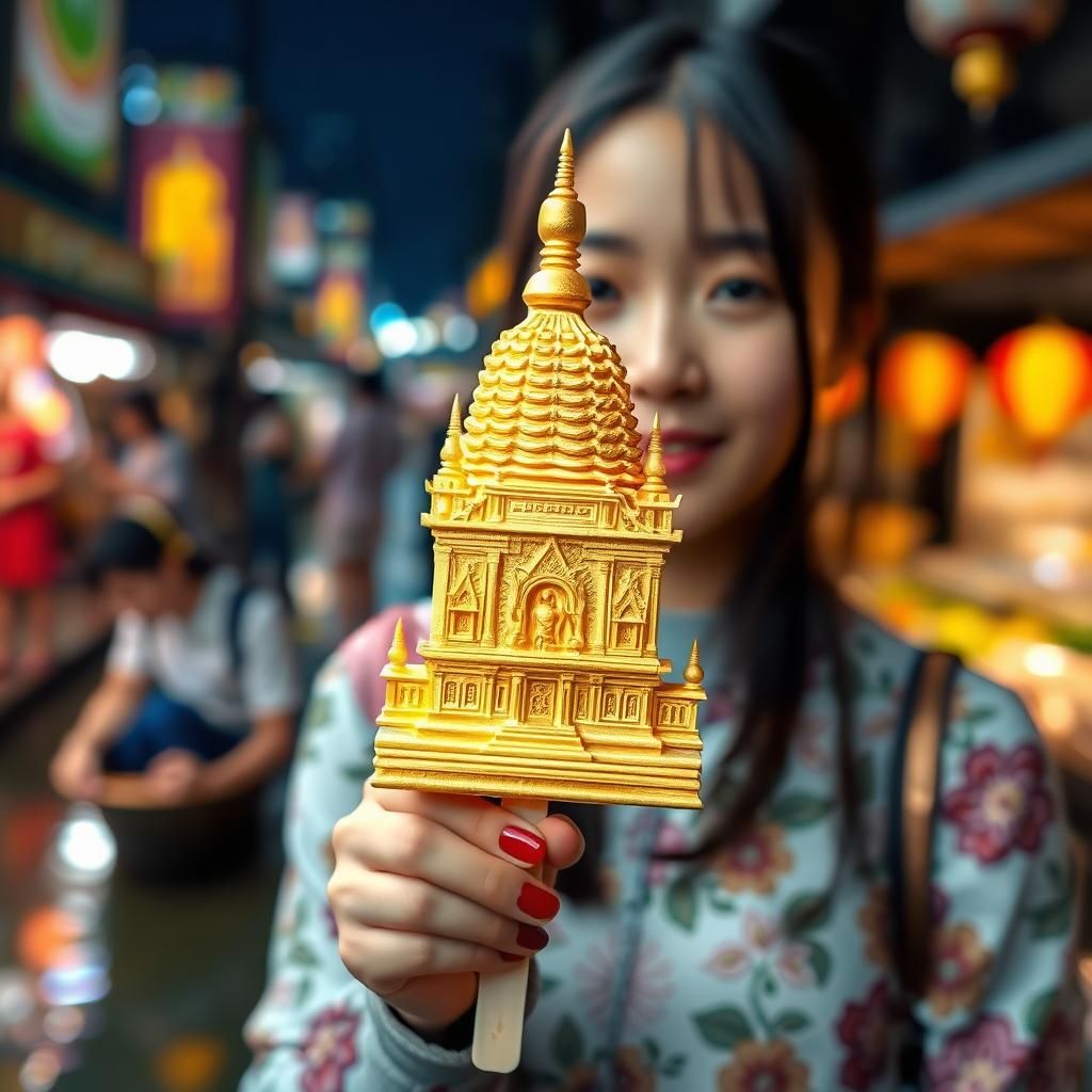 Korean Girl with Temple Popsicle, Bokeh Background