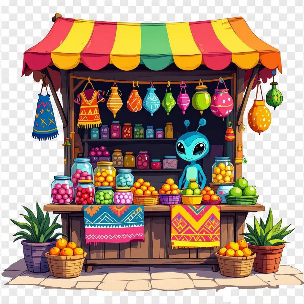 Cartoon Alien Market Stall with Exotic Goods