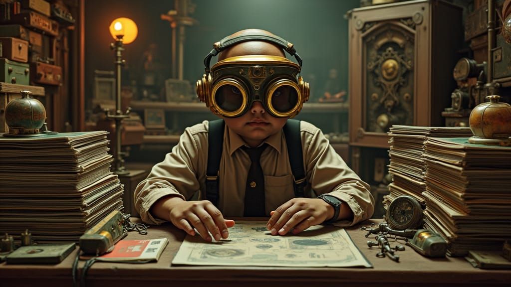 Steampunk Vinyl Collector Amidst Vintage Records and Gears