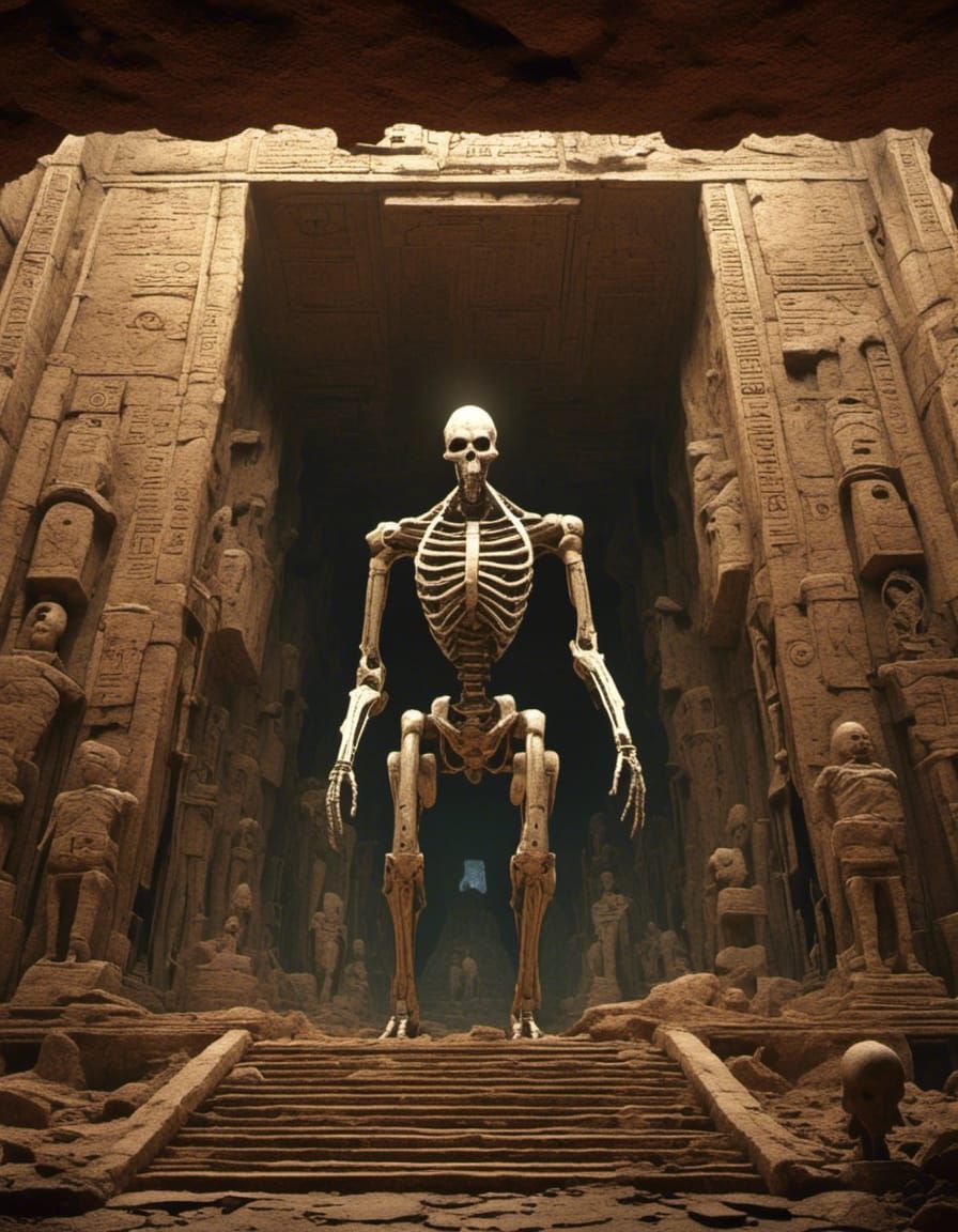 <lora:plan:1.0> A low angle shot looking up at a humanoid machine created to translate alien languages stands in an anci...