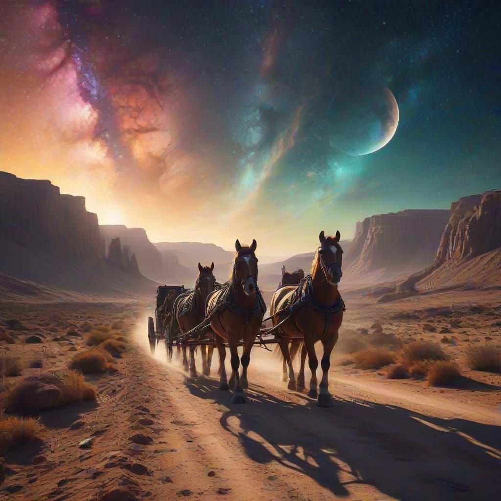 Cosmic Wagon Ride Through Lunar Landscape, Mixed Media