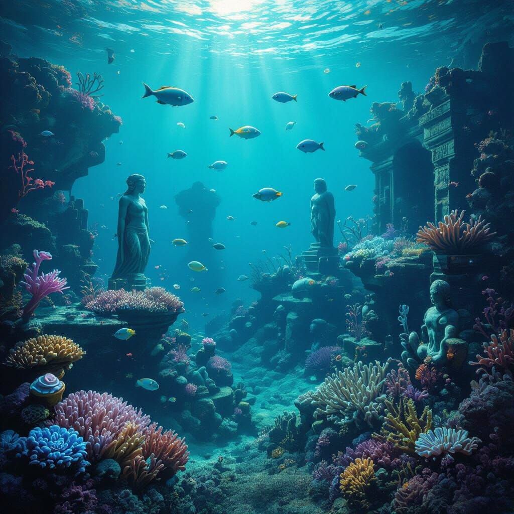 Bioluminescent Underwater Garden with Sunken Ruins