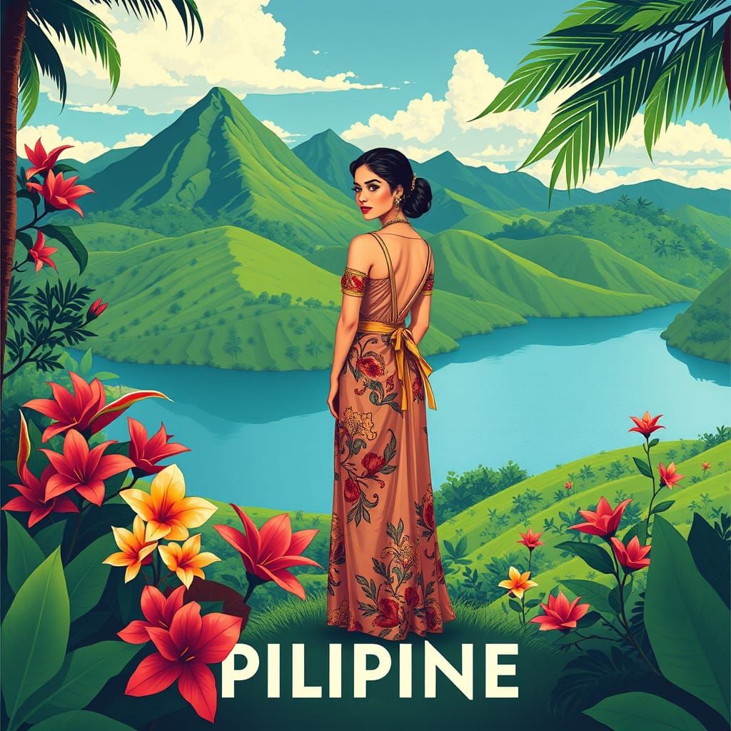 Filipino Woman in Vintage Travel Poster Style